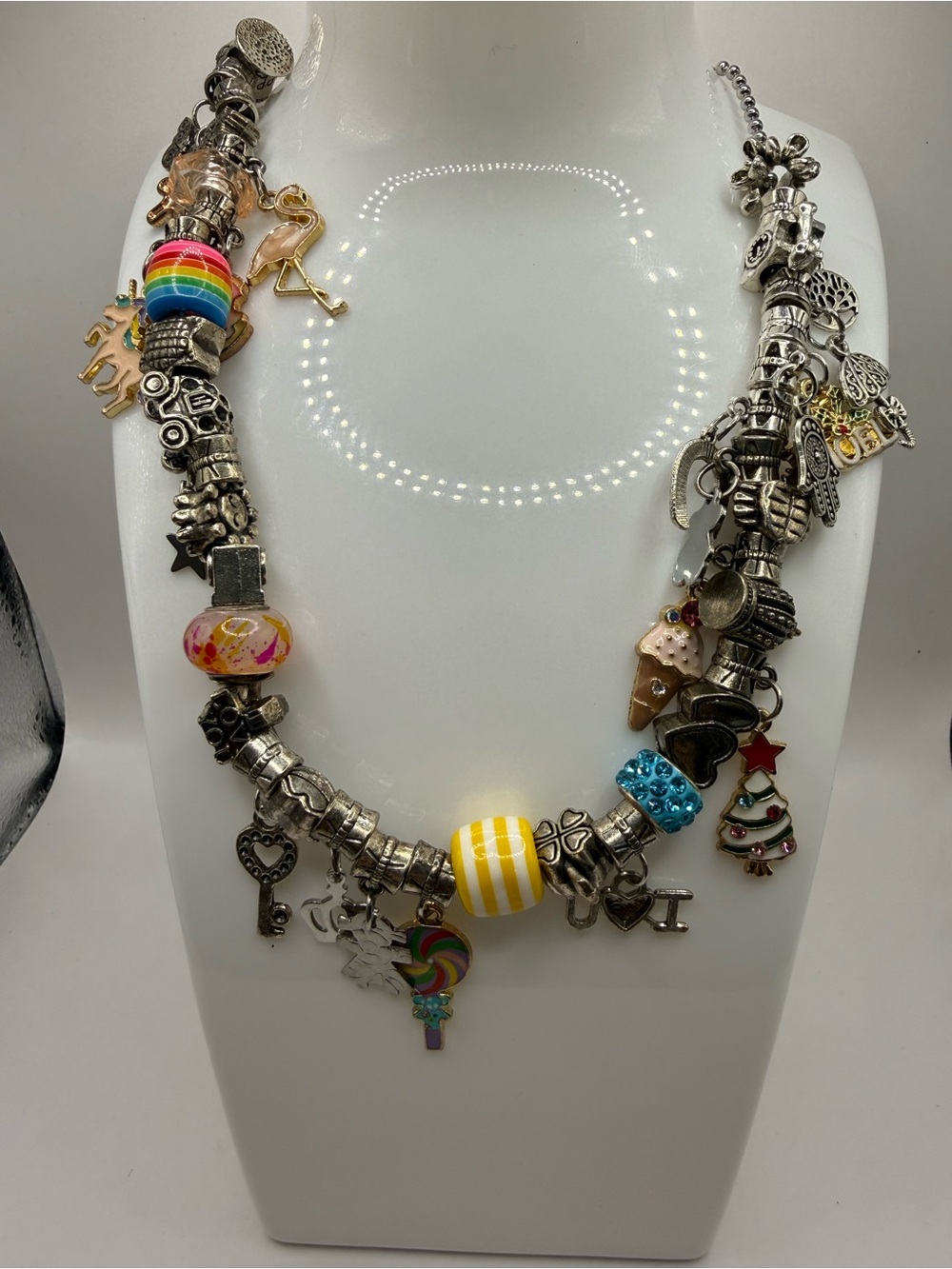 Playful Silver Charm Necklace with Yellow & Multicolor Beads in Steel Ball Chain